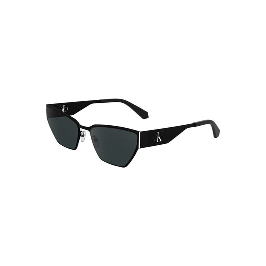 Calvin Klein black metal sunglasses with sleek frames and dark lenses.