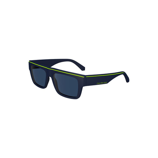 Calvin Klein blue plastic men's sunglasses with rectangular frame and blue lenses, ideal for stylish eye protection.