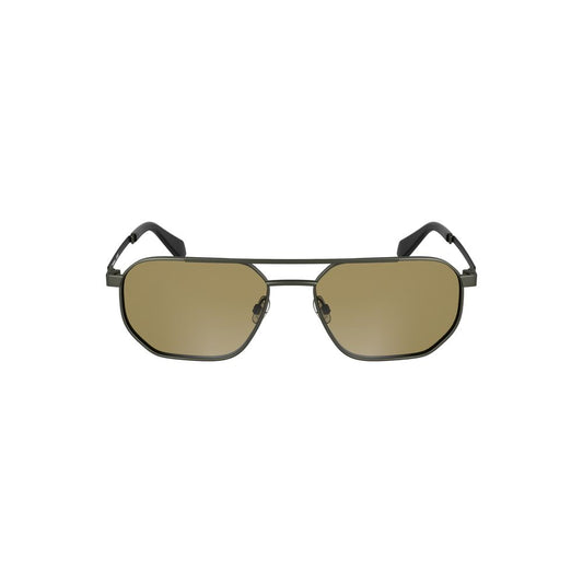 Calvin Klein bronze metal men's sunglasses with square lenses and brown tint, featuring a stylish and modern frame design.
