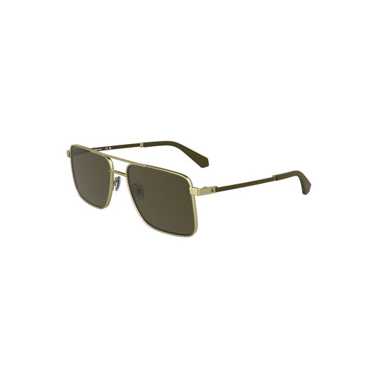 Calvin Klein gold metal men's sunglasses with square brown-tinted lenses, chic and sophisticated design, featuring iconic logo detailing.