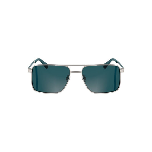 Calvin Klein gray metal men's sunglasses with square blue lenses, embodying modern sophistication and style.