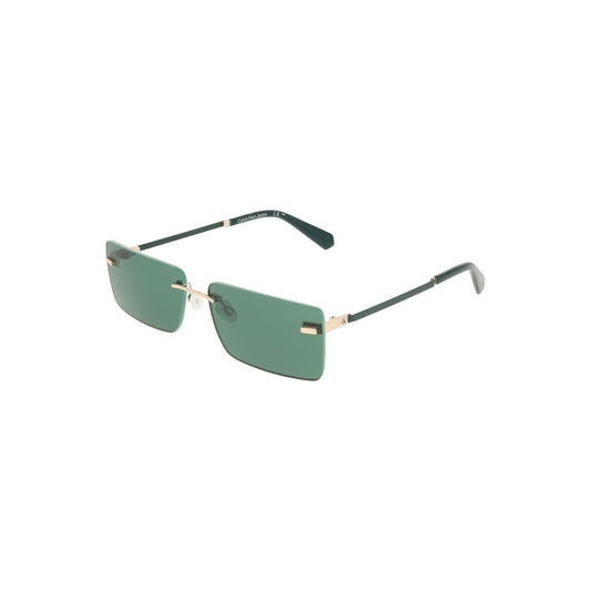 Calvin Klein green metal sunglasses with rectangular lenses for women, featuring sleek design and stylish fashion statement.