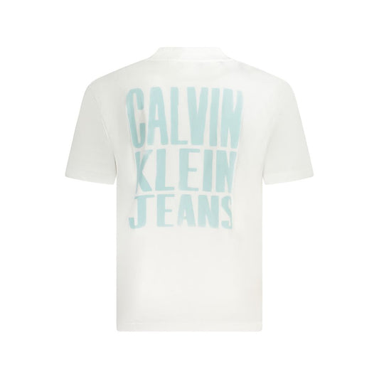 Back view of a Calvin Klein white cotton t-shirt with logo print, featuring crew neck and short sleeves, made from 95% regenerative cotton.