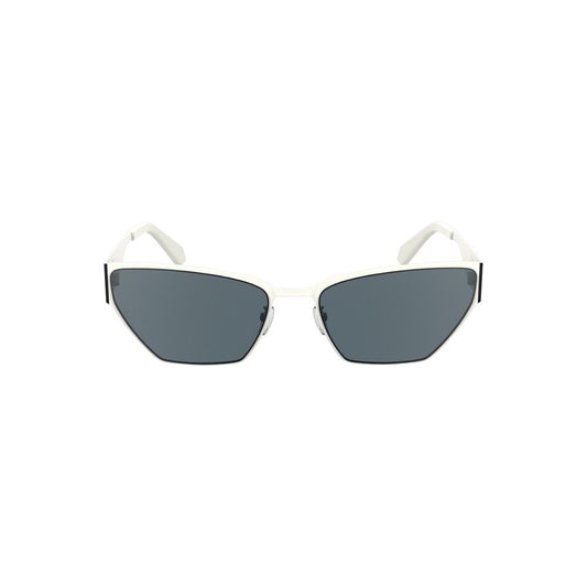 Calvin Klein white metal cat-eye women sunglasses with smoke lenses, 58mm lens width, 18mm bridge, 140mm temples for chic elegance.