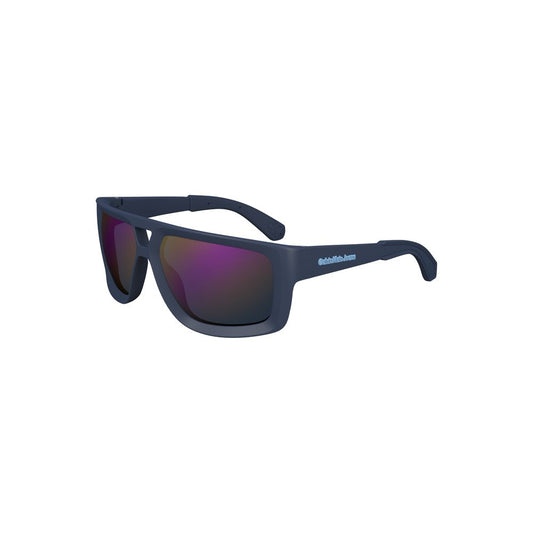 Calvin Klein blue plastic men's sunglasses with square lenses and contrast details, showcasing sleek and sophisticated design.