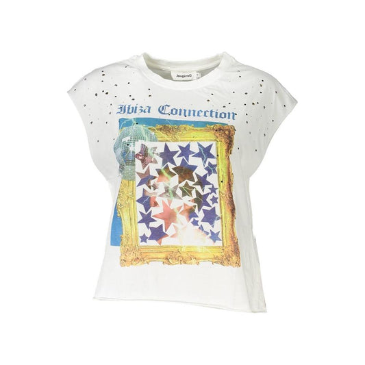 Desigual white cotton sleeveless women's T-shirt with bold star print and 'Ibiza Connection' text, round neck, summer street style.