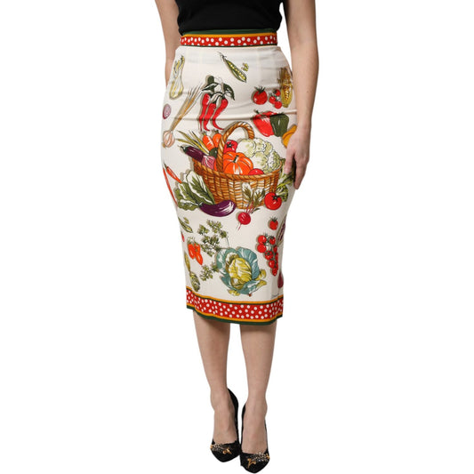 Dolce & Gabbana multicolor high waist pencil cut midi skirt with vibrant print, made in Italy, featuring zipper and logo details.