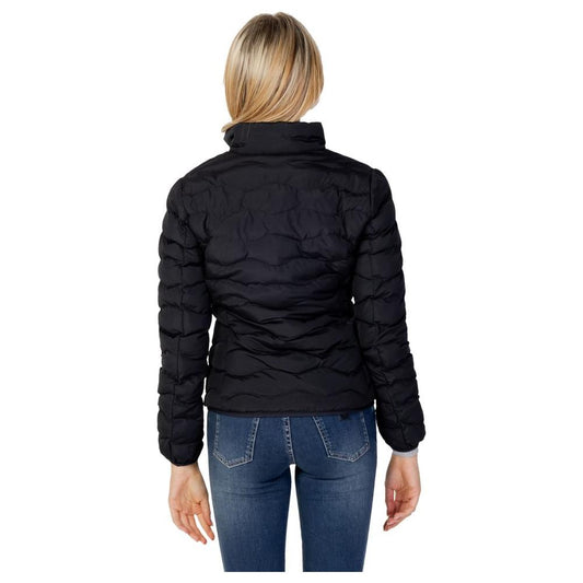 Back view of EA7 Emporio Armani black polyester women's jacket, showcasing quilted design and excellent thermal regulation.
