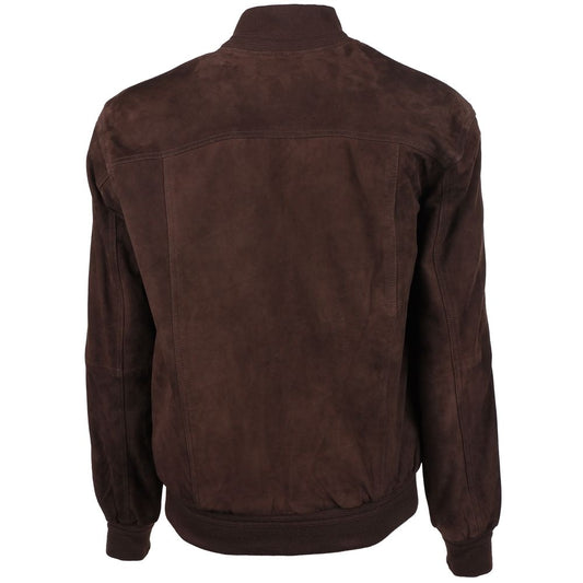 Back view of Emilio Romanelli brown calfskin suede bomber jacket with ribbed cuffs, collar, and hem.