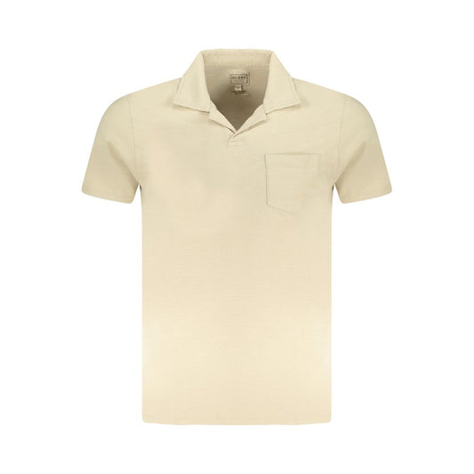 Guess Jeans beige cotton men's V-neck T-shirt with pocket and logo applique, stylish and comfortable for casual wear.