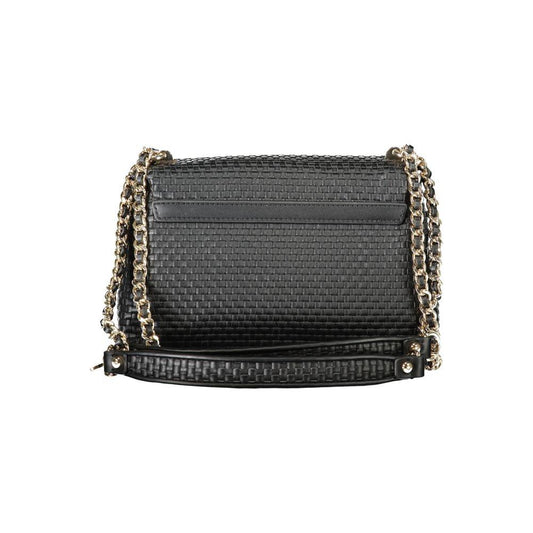 Guess Jeans black handbag with dual-chain shoulder straps, showcasing a stylish woven design and sleek functionality.