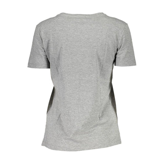 Back view of a grey women's short-sleeve t-shirt displayed on a white background.