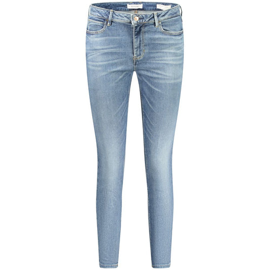 Guess Jeans Blue Cotton Skinny High Jeans with Washed Effect and Logo, Featuring 5 Pockets, Button and Zip, Made of Recycled Cotton