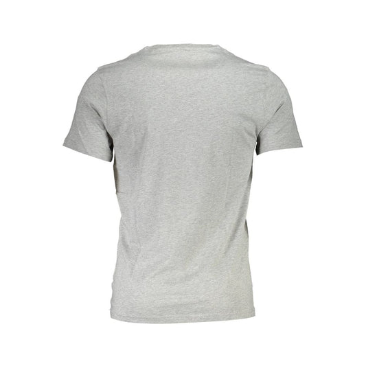 Back view of a gray cotton men's T-shirt with short sleeves, showcasing simple and classic design.