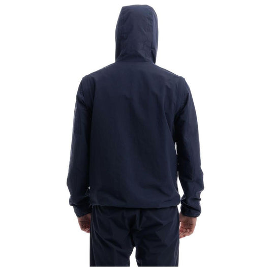 Herno blue nylon jacket with hood, back view, featuring internal mesh lining, zip removable sleeves, and two side pockets.