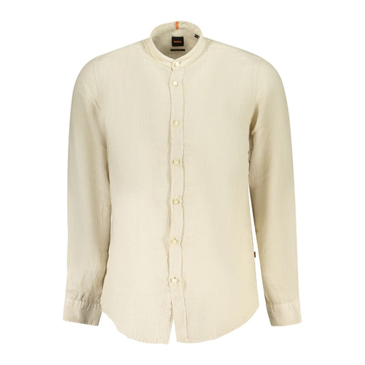 Hugo Boss Beige Linen Men Shirt with Mandarin Collar and 1-Button Cuffs - Elegant, Timeless Style for Modern Trendsetters