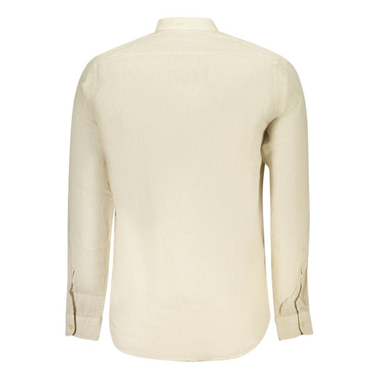 Back view of Hugo Boss beige linen men's shirt with mandarin collar and 1-button cuffs, perfect for a sophisticated wardrobe.