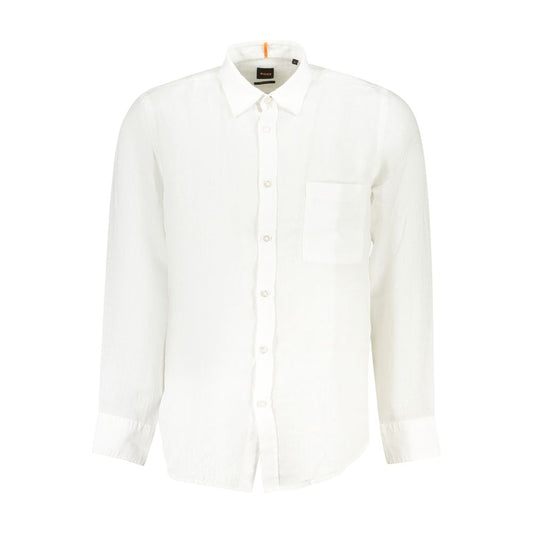 Hugo Boss white linen men’s shirt with button-down collar and 2-button cuffs, showcasing modern style and timeless elegance.