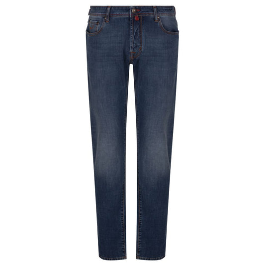 Jacob Cohën blue cotton jeans, slim fit, lightly washed denim with orange stitching and brown leather patch, front view.
