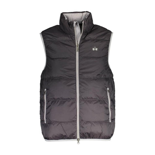 La Martina black men's polyamide sleeveless jacket with zipper, four pockets, contrasting details, and embroidery.