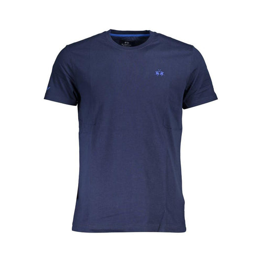 La Martina blue cotton men's T-shirt, short sleeves, features intricate embroidery and logo, regular fit for modern style.