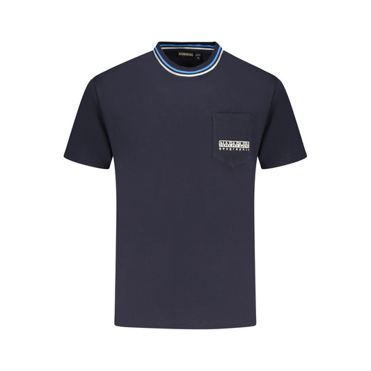 Napapijri blue cotton t-shirt with short sleeves, relaxed fit, crew neck, one pocket, contrasting details, and embroidered logo.