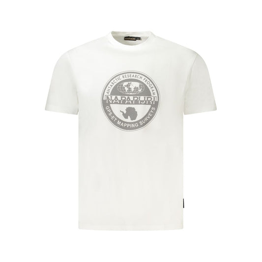 Napapijri white cotton men's T-shirt featuring a bold logo print, crafted from 100% organic cotton for style and comfort.