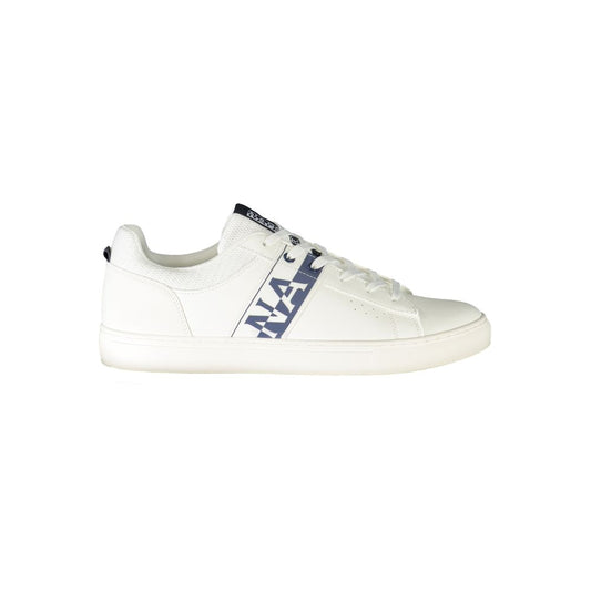 Napapijri white leather men's sneaker with bold contrasting logo, polyester and leather blend. Stylish and comfortable footwear.