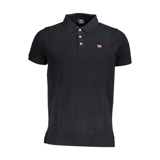 Norway 1963 black cotton men's polo shirt with three-button placket and logo, offering timeless style and breathable comfort.