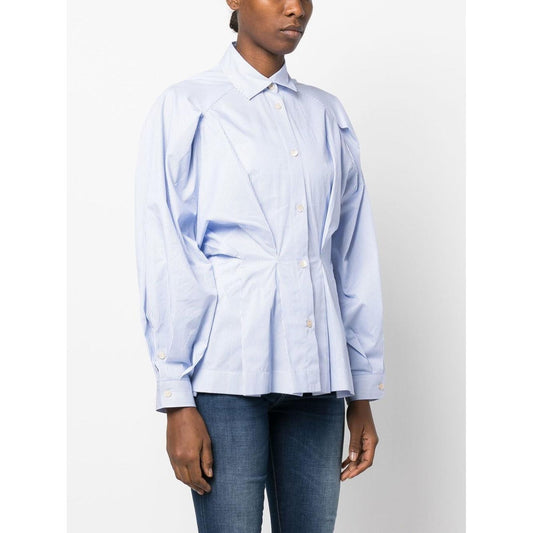 Pastel blue gathered-waist cotton shirt by Palmer Harding with classic collar and pleat detailing.