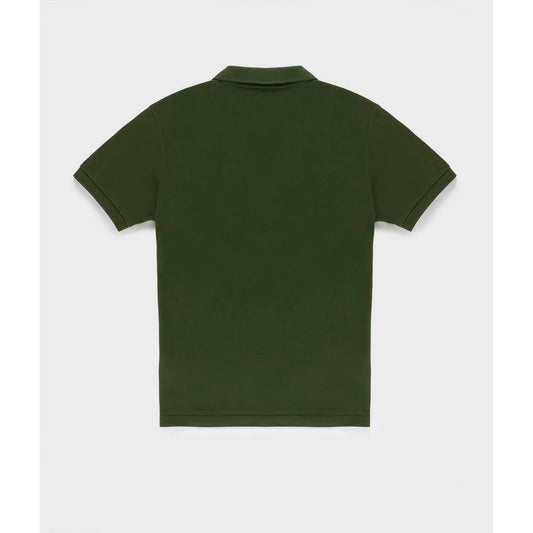 Back view of Refrigiwear green cotton polo shirt with elastic sleeves and button-down collar, showcasing solid-colored pique fabric.