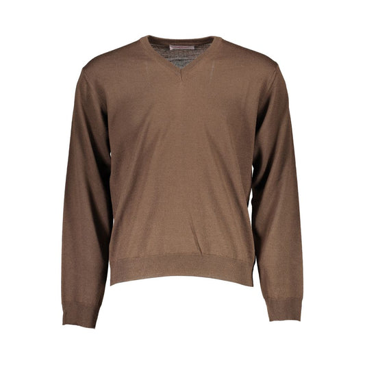 Romeo Gigli brown wool men sweater with V-neck and long sleeves, crafted in Italy, stylish and versatile for various occasions.