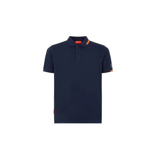 Blue cotton polo shirt with ribbed collar, front button closure, and logo on left sleeve by Suns.