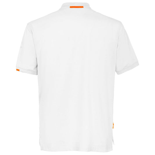 Back view of Suns white cotton polo shirt, showcasing short sleeves and minimalistic design.