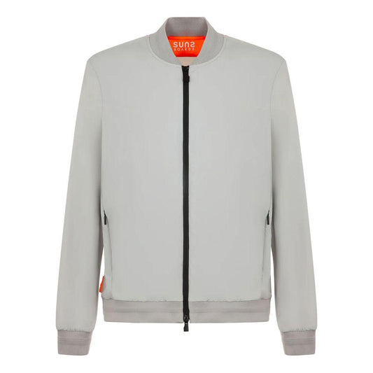 Ice-gray nylon men's jacket with zipper and four pockets from Suns, featuring elasticated cuffs and waist for styling and comfort.