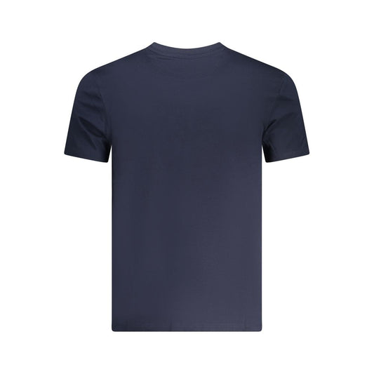Rear view of Timberland blue cotton men's T-shirt with short sleeves and crew neck.