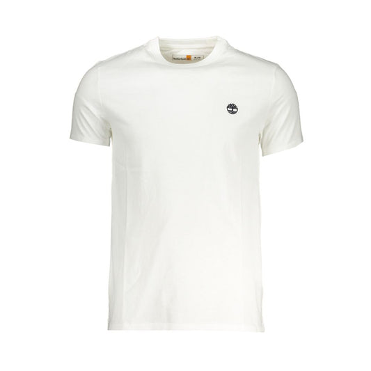 Timberland white cotton men's T-shirt with logo, slim-fit, short sleeve, crew neck, elegant fashion essential for modern wardrobe.