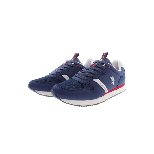 U.S. POLO ASSN. blue polyester men's sneakers with logo, contrasting accents, athletic style, casual luxury.
