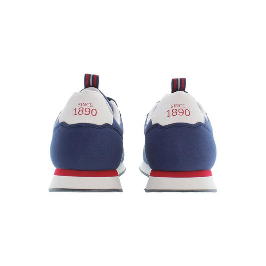 Rear view of U.S. POLO ASSN. blue polyester sneakers with red accents and 'Since 1890' text, showcasing sporty lace-up design.