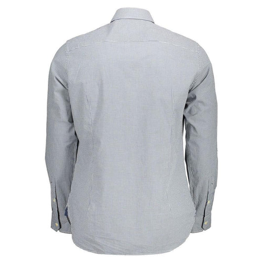 Back view of U.S. POLO ASSN. light blue checkered men's cotton shirt with French collar and button cuffs