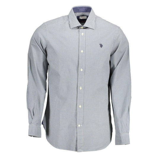 U.S. POLO ASSN. light blue checkered cotton men's shirt with French collar and embroidered logo.