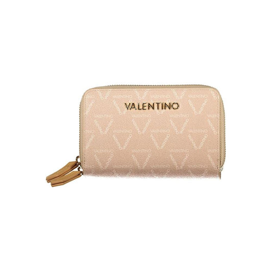Valentino Bags beige women wallet with logo zip closure, featuring three compartments and coin purse, showcasing luxury and style.